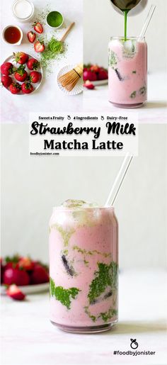 strawberry milk with matcha latte and strawberries in it