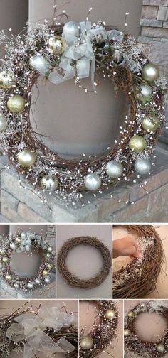 an image of a wreath with white and silver ornaments on it, surrounded by other photos