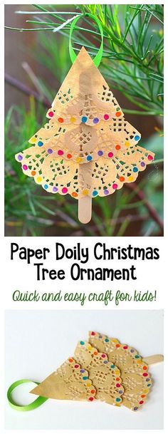 paper doily christmas tree ornament is shown with the words, quick and easy craft for kids