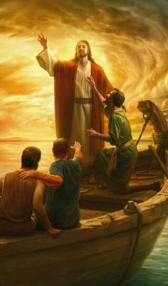 an image of jesus in the boat with two men on it, and one man holding his hand up