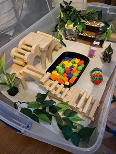 a plastic container filled with lots of different colored gummy bears next to plants and toys