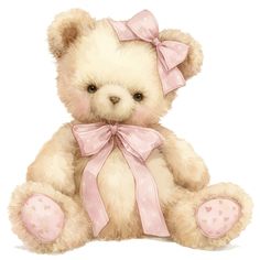 a brown teddy bear with a pink bow on it's head sitting down and looking at the camera