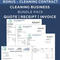 three invoices with the words, cleaning business bundle and receipt templates on them