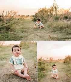 a little boy sitting on the ground in a field