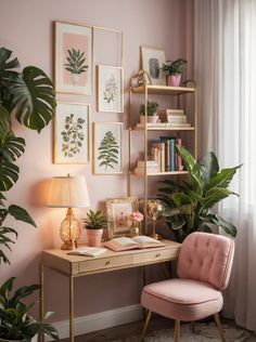 a pink chair sits in front of a desk with plants and pictures on the wall