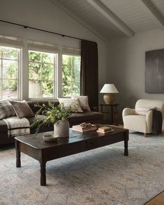 a living room with two couches and a coffee table in front of large windows