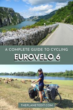 the complete guide to cycling in europe, with text overlaying it and an image of