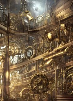 an artistic rendering of many clocks and pipes