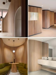 four different views of the inside of a house with wood slats on the walls