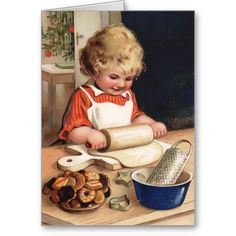 a painting of a little boy making cookies