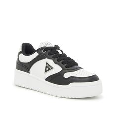 Guess-Miram Panda Sneaker - Women's Upgrade casual looks with the Miram Panda sneaker from Guess. The sporty silhouette is elevated with color block details, a platform sole, and the brand's emblem along the side.