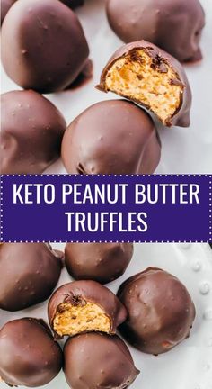 chocolate covered peanut butter truffles on a white plate with the words, keto peanut butter truffles