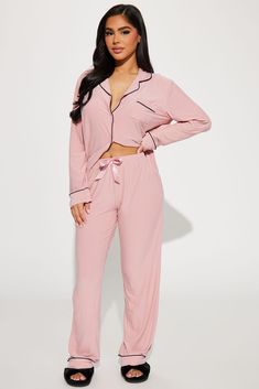 Available In Pink. PJ Pant Set Collared Long Sleeve Top Button Down Pocket Screen Print Wording On Back Drawstring Pant Straight Leg Final Sale Disclaimer: Due To The Printing Process A Difference In Saturation May Occur. Each Garment Is Unique 95% Polyester 5% Spandex Imported | Foxy Babe PJ Pant Set in Pink size Small by Fashion Nova Pink Pjs, Amaya Colon, Pj Pant, Sleepwear Fashion, Cute Sleepwear, Pink Pajamas, My Shopping List, Nightwear Women, Pajama Pant