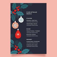 a christmas menu with ornaments hanging from the branches and holly leaves on it, along with an ornament