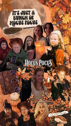 a collage of many different pictures with pumpkins and leaves on them, including the words hoccus pocus