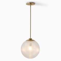 a light fixture with a glass ball hanging from it's side, against a white background