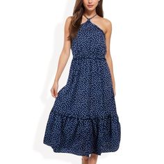 The Anna-Kaci Women's Polka Dot Halter Neck Midi Dress is a delightful blend of vintage charm and modern comfort. Featuring a halter neck design and an elastic waist for a flattering fit, this dress offers style and ease. The playful polka dot pattern adds a classic touch, while the tiered skirt creates a breezy, feminine silhouette. Perfect for daytime outings or evening gatherings, this versatile dress is sure to become a favorite in your wardrobe. Halter Neck Midi Dress, Midi Slip Dress, Ballet Dress, Tiered Midi Dress, Feminine Silhouette, Ruffle Mini Dress, Women Midi, Women Maxi, Versatile Dresses