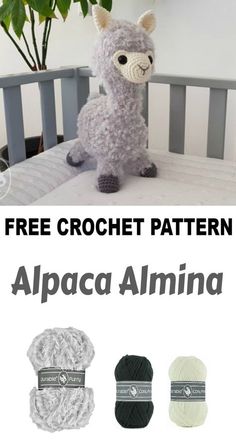 an alpaca stuffed animal sitting on top of a crochet blanket with text overlay that says free crochet pattern