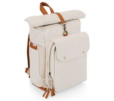 a white backpack with brown straps on the front and side pockets, sitting against a white background