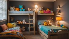 there are two bunk beds with teddy bears on the top and one bed has a ladder