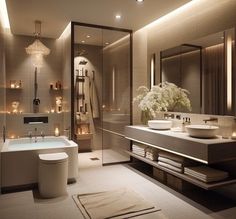 a modern bathroom with candles on the walls and a large tub in the center, along with two sinks