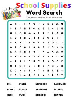 the word search for school supplies