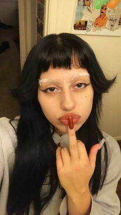 Micro Bangs Bleached Brows, Charity Core Aesthetic, Blonde Eyebrows Black Hair, Black Hair Bleached Eyebrows, Blonde Brows Makeup, Bleached Brows Dark Hair, Bleached Eyebrows Makeup, Shag Wolf Cut, Colored Brows