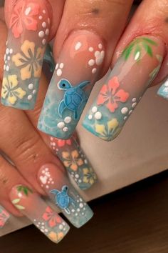 Nails Cute Animals, Aquatic Nail Designs, Nail Art Designs Summer Almond, Tropical Acrylic Nails Summer, Hawaiian Nail Art Tropical, Hawaii Nails Simple, Nail Ideas For Hawaii Vacation, Bright Fun Outfits, Hawaii Gel Nails