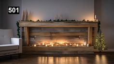 a living room with a fireplace decorated for christmas