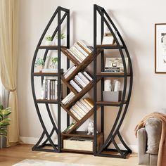 a living room with a book shelf filled with lots of books on top of it