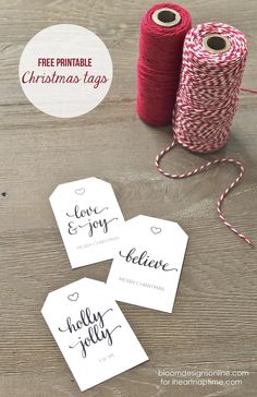 three spools of twine and two tags with the words free printable christmas tags