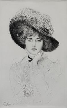 a drawing of a woman wearing a large hat