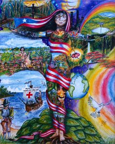 a painting of a woman with an american flag on her body standing in front of a river