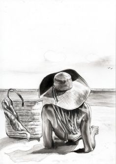 a drawing of a woman sitting on the beach with an umbrella and hat over her head