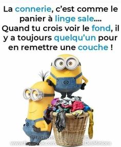 two minions sitting on top of a basket full of clothes with the caption's saying