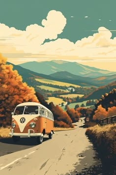 an orange and white vw bus driving down a road next to trees with yellow leaves