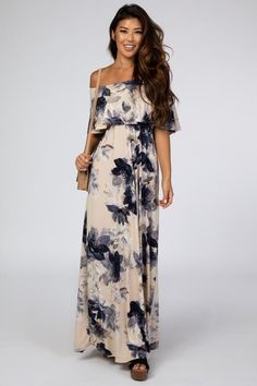 Taupe Navy Floral Off Shoulder Maxi Dress – PinkBlush Maternity Dresses Casual, Off Shoulder Maxi Dress, Cold Shoulder Maxi Dress, Maternity Maxi Dress, Baby Shower Outfit, Maternity Maxi, Pregnancy Maxi Dress, Pink Blush Maternity, Midi Maxi Dress