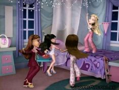 barbie and her friends are playing in the bedroom