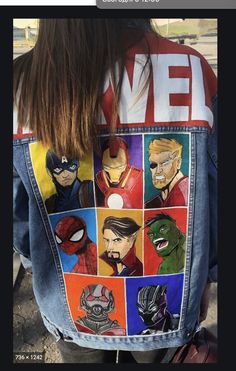 the back of a woman's jean jacket with avengers characters painted on it in multiple colors