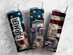 three travel mugs with an american flag and tractor design on them, sitting next to each other