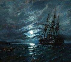 a painting of a ship in the ocean at night