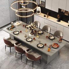 a dining room table set with plates and silverware on it, surrounded by modern chairs