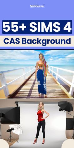 a woman standing in front of a camera with the words 55 + sims 4 ca's background