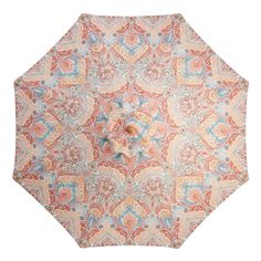 an orange and blue patterned umbrella on a white background