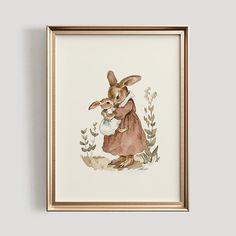 a watercolor painting of a rabbit holding a baby in it's arms and wearing a bonnet