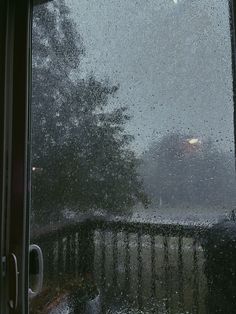 rain is falling on the window and trees outside