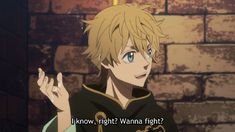 an anime character with blonde hair standing in front of a brick wall and holding his hand up