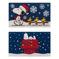 snoopy christmas doormats are shown in two different colors