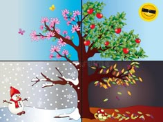 four different seasons trees with snow, apples and flowers on them in three separate panels