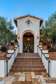 an entry way with steps leading up to the front door and potted plants on either side